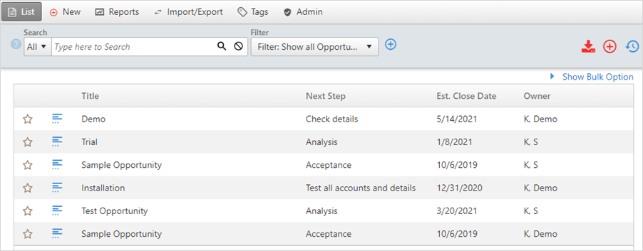 opportunity list screen