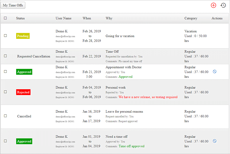 time off listscreen