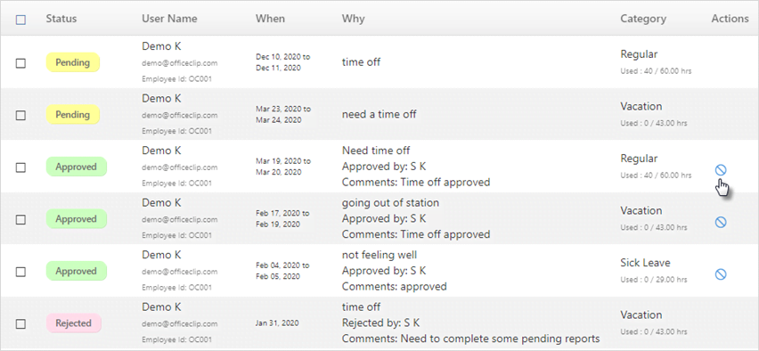 TimeOff list screen