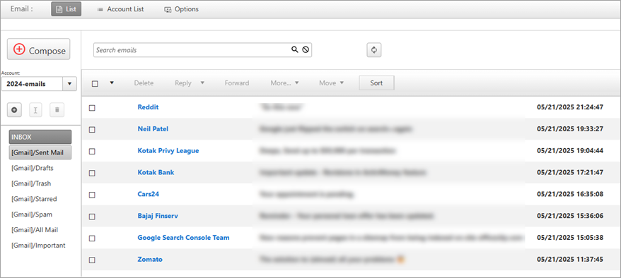 Email overview screen