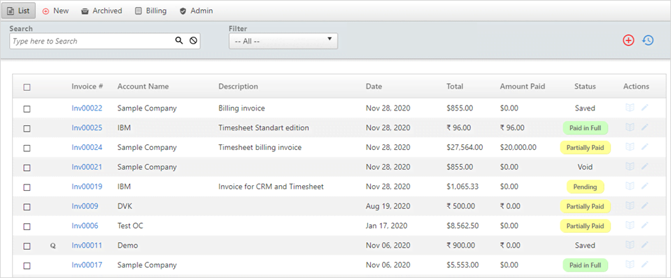 invoice list screen