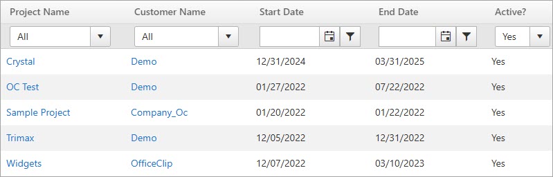 Project list screen