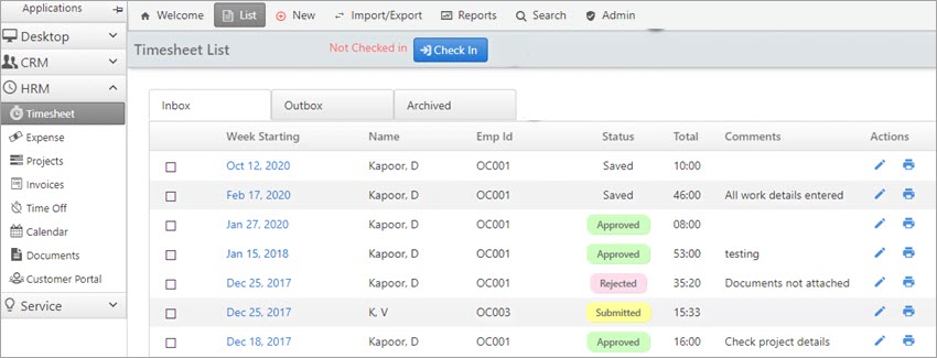 Timesheet list screen
