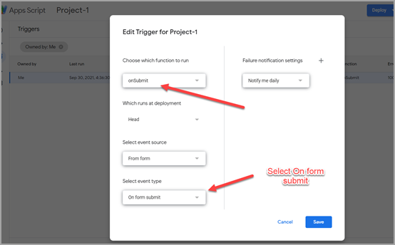 google forms add trigger