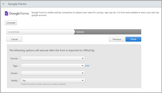 google forms set options